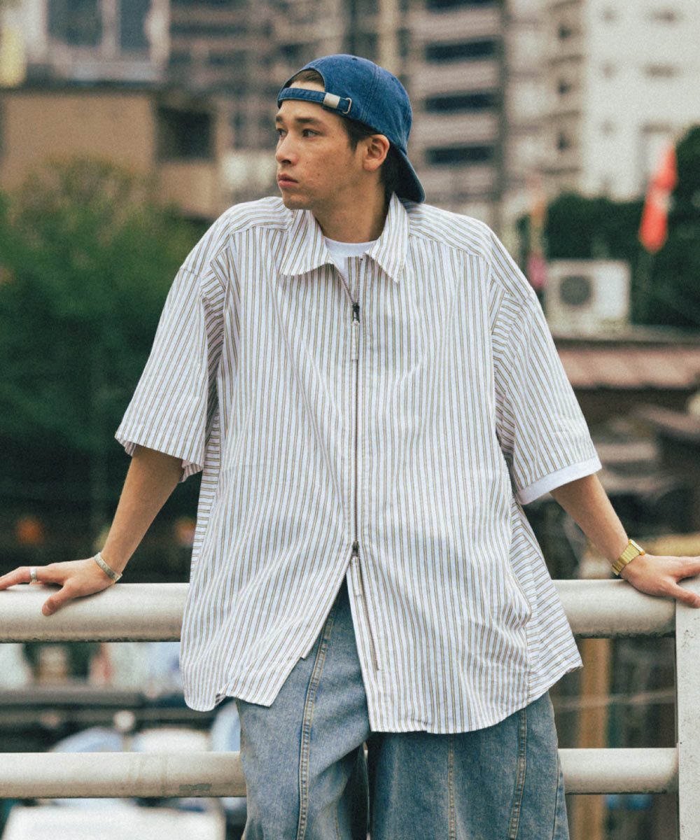 條紋拉鍊襯衫 Striped Zip up Half Shirt