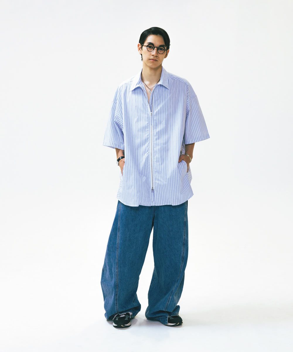 條紋拉鍊襯衫 Striped Zip up Half Shirt