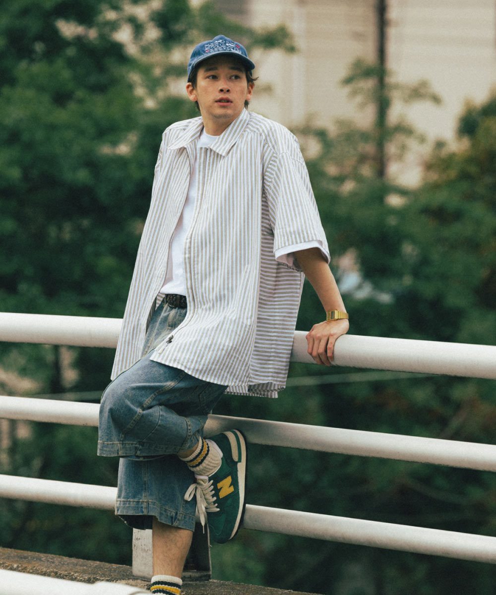 條紋拉鍊襯衫 Striped Zip up Half Shirt