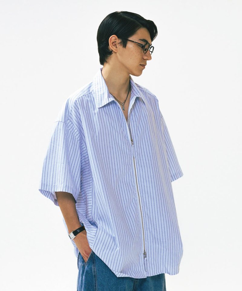 條紋拉鍊襯衫 Striped Zip up Half Shirt