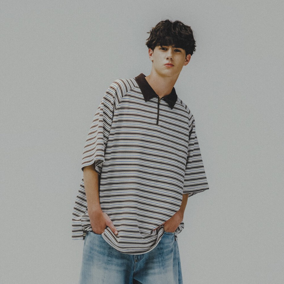 AGL3602-261 條紋Polo衫 Striped Raglan Half-Zip Polo