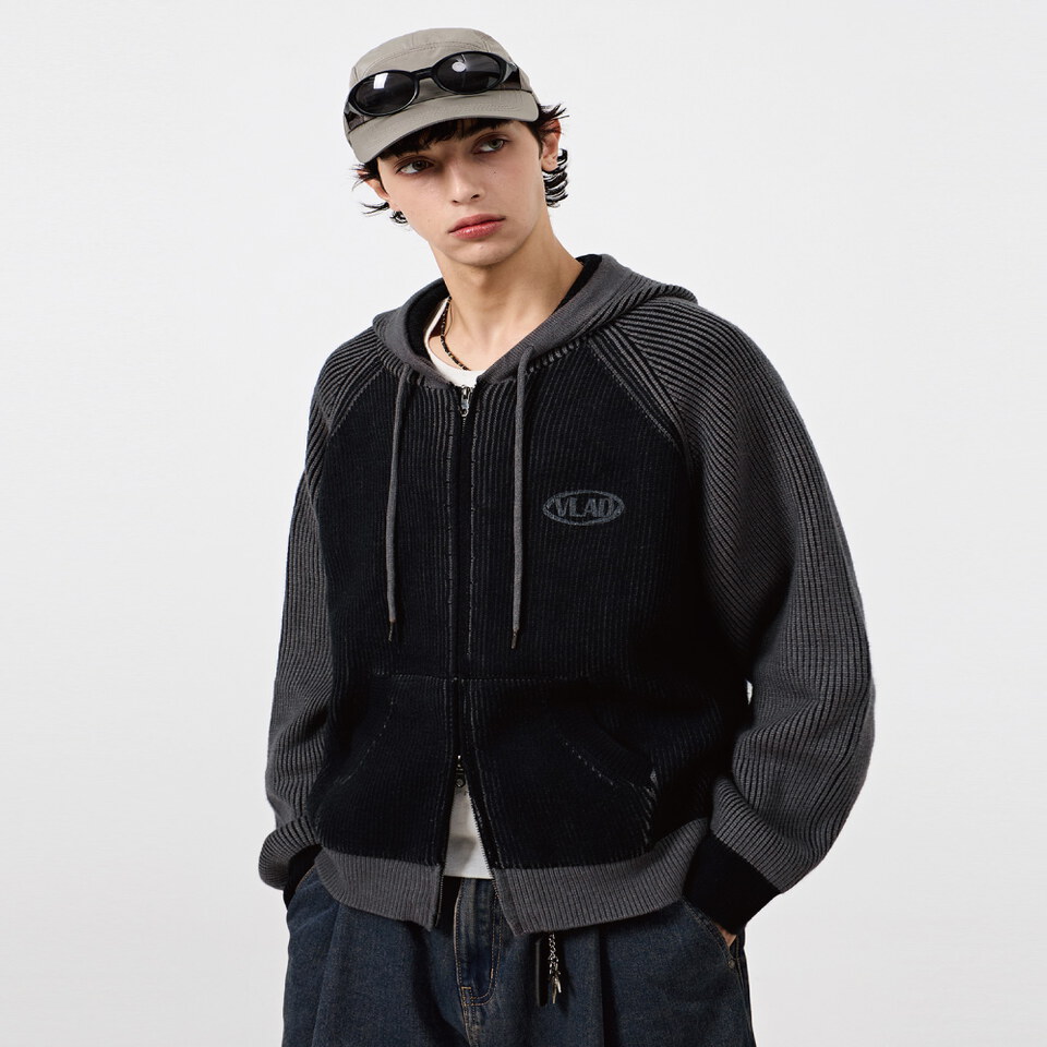 針織連帽外套 VLAD RIBBED TWO-TONE KNIT HOODED ZIP-UP