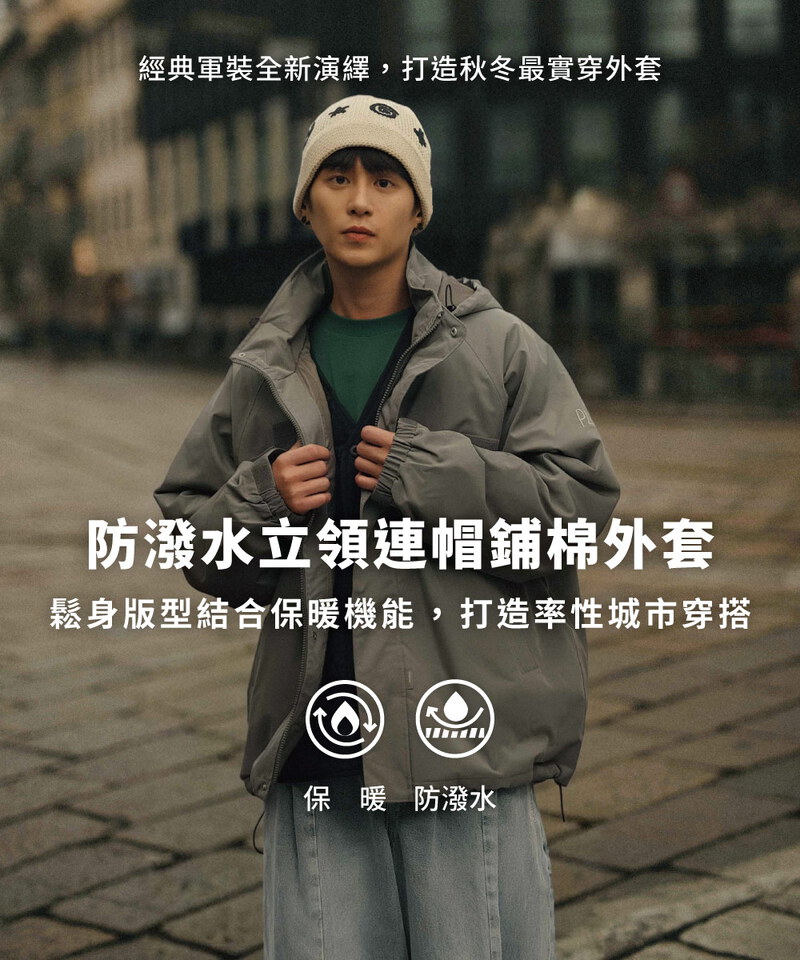 防潑水立領連帽鋪棉外套