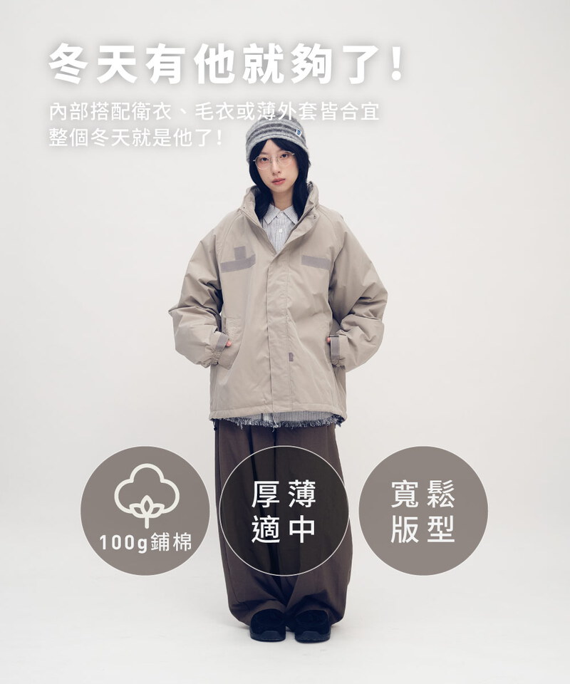 防潑水立領連帽鋪棉外套