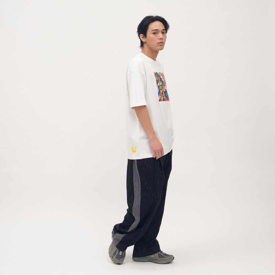 西料條紋拼接落地長褲