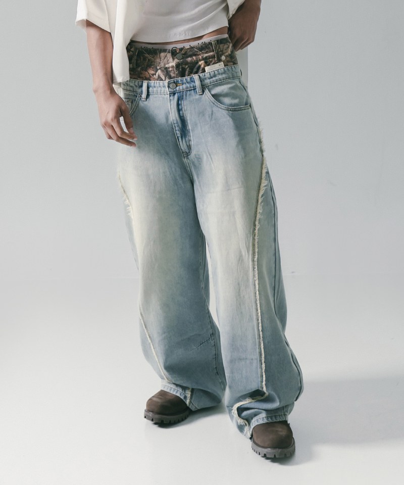SNS1403-251 彎刀水洗牛仔長褲 Twist Seam Baggy Denim Jeans