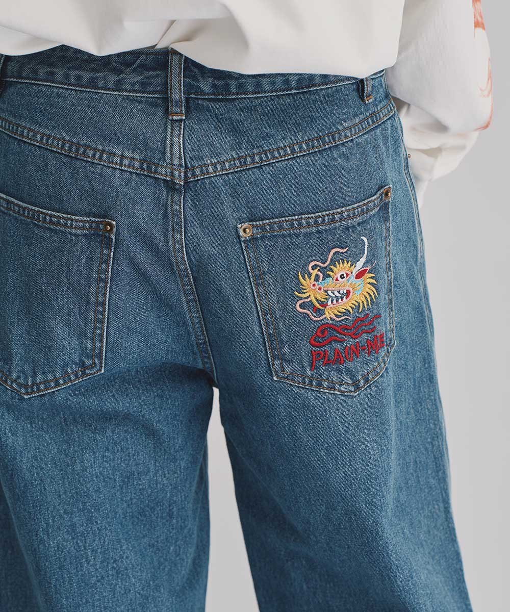 龍年刺繡丹寧直筒長褲