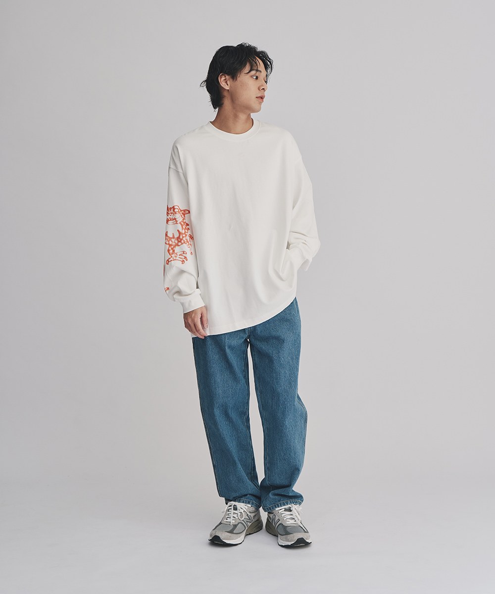 龍年刺繡丹寧直筒長褲